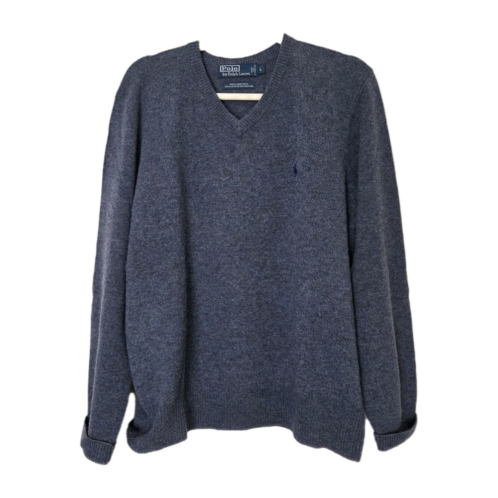 VTG Polo Ralph Lauren 100% Lambs Wool Sweater Men L LS Navy Pullover V Neck